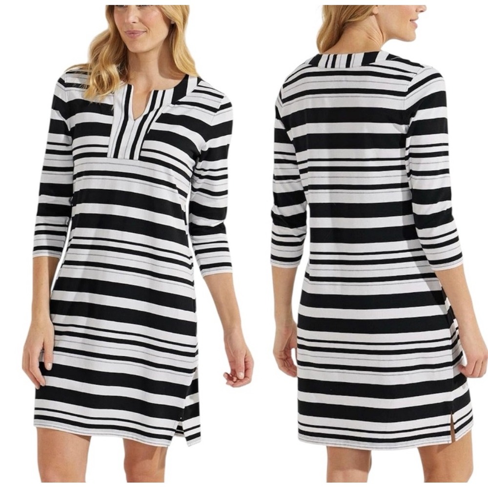 Coolibar Oceanside Tunic Dress Black White Striped UPF 50+ Resortwear Preppy L